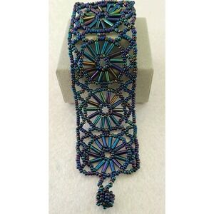 Artisan Iridescent Seed Bead Cuff Bracelet Sunburst Bugle Bead 6.5" 1.5" Wide